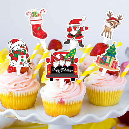 Merry Christmas Cake Topper Picks, 25PCS Xmas Snowflake Snowman Cake Toppers Cake Decorations Santa Claus Theme Birthday Party Supplies Favors Decor Centerpiece Table for Boys Girls Carnival Prizes