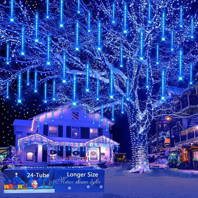 Outdoor Christmas Decorations, 24 Tubes(Equivalent to 3 Sets of 12Inch 8-Tubes) Meteor Shower Lights Snow Falling Icicle Christmas Lights Outdoor for House Tree Halloween Garden Decor, UL Plug, Blue