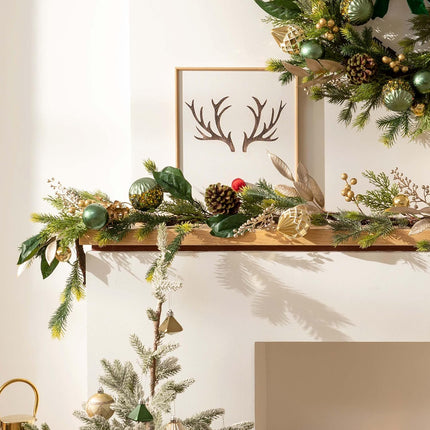 Decorbyhannah Christmas Garland with Lights, 6ft Lighted Artificial Greenery Garland Christmas Decorations with Pinecone and Green Gold Ornaments, Battery Operated Christmas Garland Indoor for Mantle