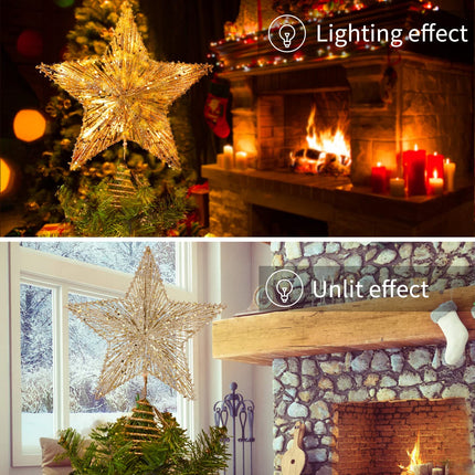 Christmas Star Tree Topper, Plug in 3D Star Tree Topper, 11”Golden Glittered Metal Hollow Designed Built-in 10 Bulbs String Lights for Christmas Tree Decorations