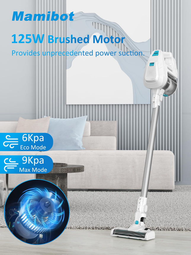 Mamibot S6 Cordless Stick Vacuum Cleaner, Handheld Bagless Vacuum With Crevice Tool & Dust Brush, Powerful Motor, Max 30Mins Runtime, Suitable For Tilehardwood Floorpet Hair, White