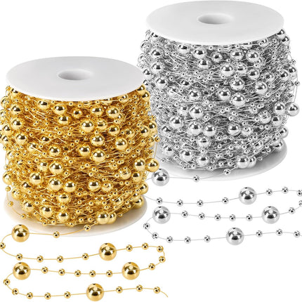 Jansun Christmas Tree Beads Garland, 2 Rolls 197 Feet Gold Silver Christmas Pearl Strands Chain Bead Garland for Christmas Tree Fireplace Wreath Crafts Wrapping Wedding Party Decoration