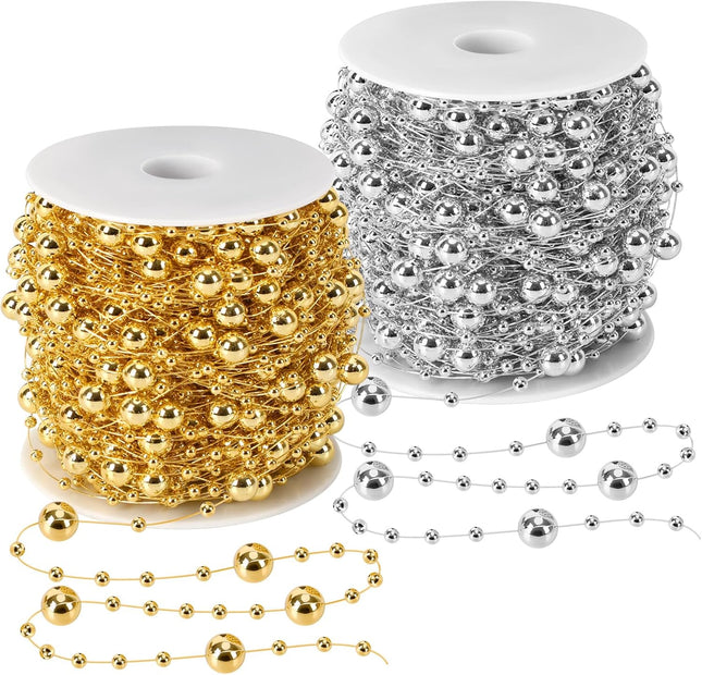 Jansun Christmas Tree Beads Garland, 2 Rolls 197 Feet Gold Silver Christmas Pearl Strands Chain Bead Garland for Christmas Tree Fireplace Wreath Crafts Wrapping Wedding Party Decoration