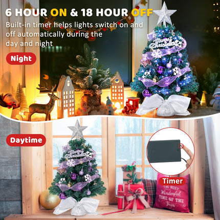 24In Tabletop Christmas Tree, Mini Christmas Tree with DIY Ornaments 35 LED Lights Star Treetopper, Small Xmas Artificial Tree for Holiday Indoor Christmas Decoration (Purple)