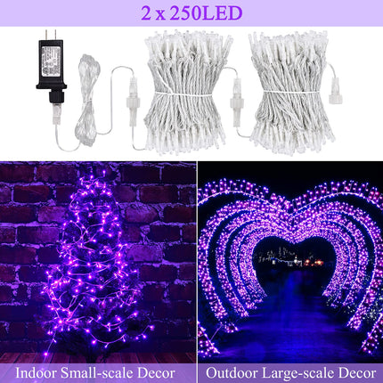 JMEXSUSS 500 LED (250LEDx2) Purple Christmas Lights, 163 FT Purple String Lights Outdoor Waterproof, 8 Modes Christmas String Lights Plug-in for Indoor Christmas Halloween Decorations