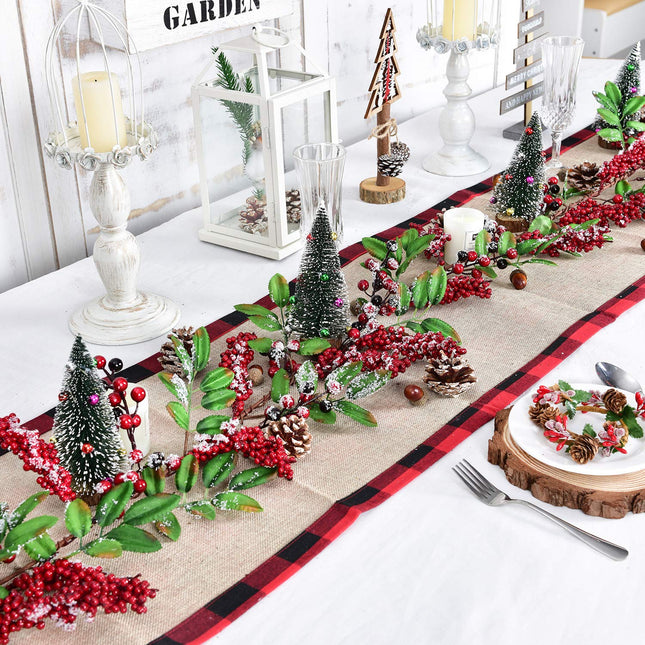 Artiflr 6 feet Red Berry Garland with Green Leaves Wired Christmas Berry Garland Rustic Berry Twig Artificial Garland for Holiday Winter Season Mantel Fireplace Table Runner Centerpiece Decoration