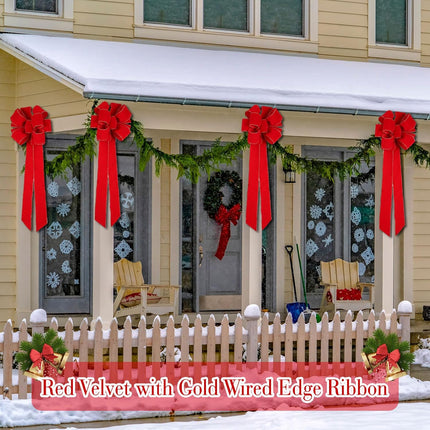 Kigeli Large Christmas Bow 10"x 26" Handmade Big Red Velvet Ribbon Outside Christmas Wreath Bow Christmas Tree Topper Ornament Bow for Indoor Outdoor Xmas Home Cabinet Decoration(24 Pcs)