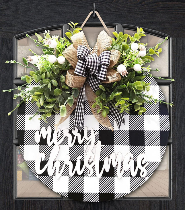 Christmas Wreath Signs,Wood Door Sign, Buffalo Plaid Front Door decor, Farmhouse Wall Decor, Christmas Door Hanger, Christmas door hanging outside Decorations (Black with White)
