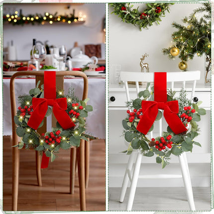 Syhood 2 Pcs 9" Mini Christmas Wreath with Light Red Berry Kitchen Cabinet Wreaths Mini Farmhouse Wreath with Red Velvet Bow for Christmas Porch Wall Window Decor