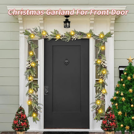 6FT Christmas Garland, Prelit Christmas Garland, Christmas Garland with Lights Snowflake Effect Design with Pinecones, White Berries for Mantel Tabletop Party Home Indoor Outdoor Winter Decor