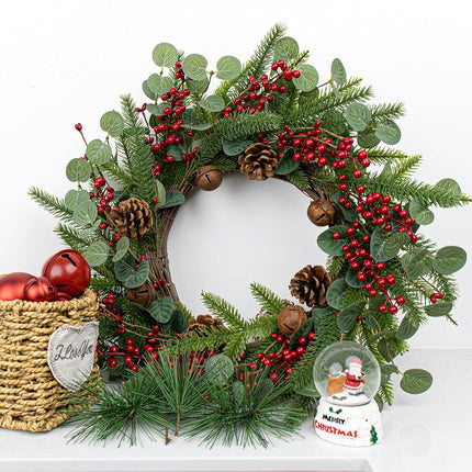 Artifical Christmas Door Wreath 22 Inches Christmas Wreaths for Front Door Rustic Winter Wreath with Evergreen Pine Needle Pinecone Red Berries for Wall Porch Window Holiday Indoor Outdoor