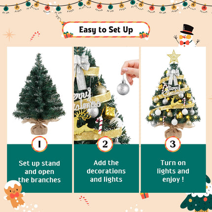 Mini Christmas Tree with 40 LED String Lights 24In/2FT Small Artificial Christmas Tree with 8 Modes Tabletop Fireplace Mantel Table Christmas Decorations Home Indoor Decor