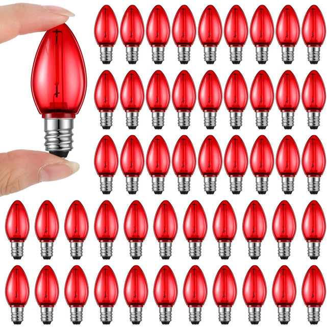 50 Pack Replacement Christmas Light Bulbs Shatterproof C7 LED Light Bulbs Mini Nightlight Bulbs for String Lights Candle Lamps E12 Candelabra Base Window Candle Indoor Outdoor (Red)