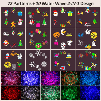Christmas Projector Lights, NACATIN 2-in-1 HD Effects (72 Patterns + 10 Water Waves) Water-Resistant Holiday Projector Lights Outdoor with Remote Control for Xmas Halloween Birthday Party