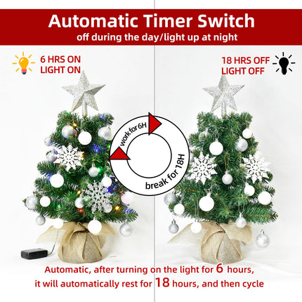 Tabletop Christmas Trees with Lights - HOYECHI Mini Christmas Tree 24 in, Small Light Up 2 ft Christmas Tree with 40 LED Lights & Ornaments Top Star for DIY, Christmas Decoration, Silver & White