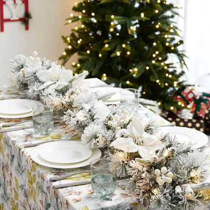 Glitzhome 9ft Pre-Lit Snow Flocked Greenery Pine Poinsettia Christmas Garland, with 50 Warm White Lights with Timer
