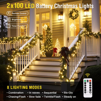 JMEXSUSS 2 Pack Battery Operated Christmas Lights Outdoor Indoor, Each 33ft 100 LED Warm White String Lights Battery Powered with Remote, 8 Modes Twinkle Fairy Lights for Christmas Decorations
