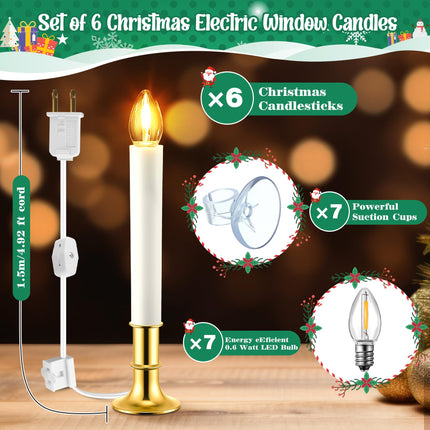 Meonum Set of 6 Christmas Electric Window Candles with Stability Gold Plated Base, 0.6 Watt LED Bulb, Suction Cups, and Plug in Design with On/off Switch Suitable for Home, Xmas, and Holiday Parties