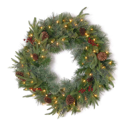 National Tree 24 Inch Feel Real Colonial Wreath with 8 Pine Cones 8 Red Berries and 50 Dual Color Battery Operated LED Lights with Timer and 9 Functions