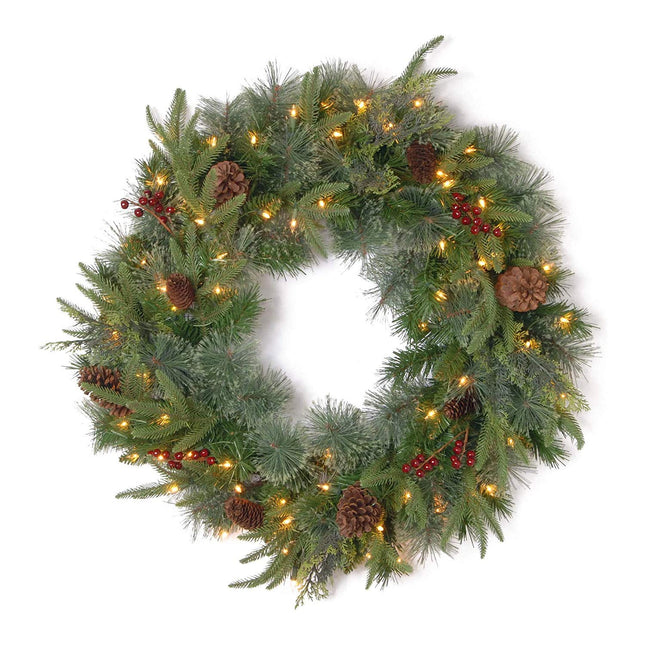National Tree 24 Inch Feel Real Colonial Wreath with 8 Pine Cones 8 Red Berries and 50 Dual Color Battery Operated LED Lights with Timer and 9 Functions