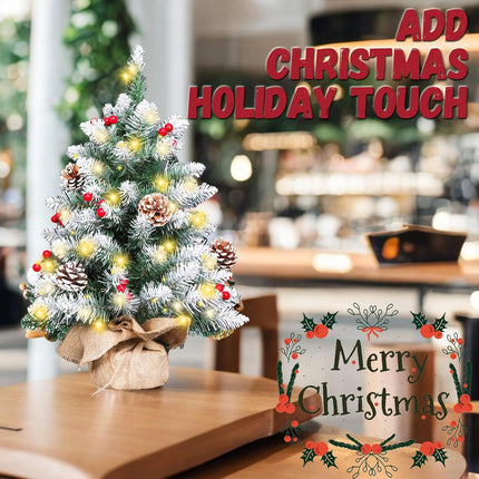 Mini Christmas Tree 2FT with Lights丨White Tabletop Christmas Tree with Flocking Snow Frost Tips Berries Wood Base with Burlap 55CM Small Xmas Pine Tree for Holiday Home Decoration