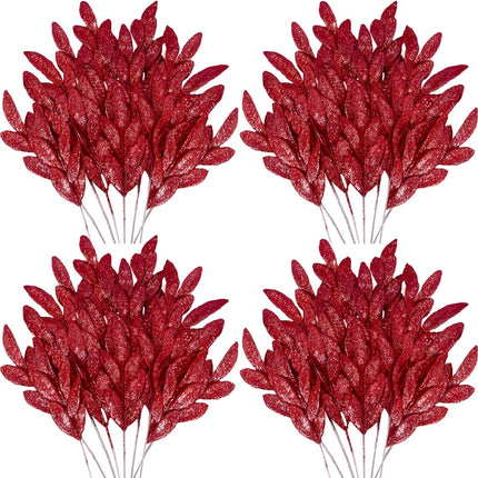 Krissing 60 pcs Christmas Glittered Red Leaves, 13" Artificial Glitter Christmas Tree Branches and Sprays for DIY Wreath Christmas Tree Decorations