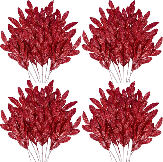 Krissing 60 pcs Christmas Glittered Red Leaves, 13" Artificial Glitter Christmas Tree Branches and Sprays for DIY Wreath Christmas Tree Decorations
