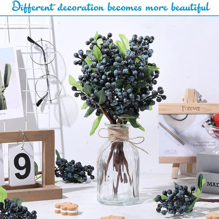 Yunsailing 30 Pcs Artificial Blue Berry Stems Bulk, 9.8 Inch Faux Berry Picks with Green Leaves, Fake Short Branch Fruit Flower for Christmas Tree Garland Home Wedding DIY Party Decoration(Blue)