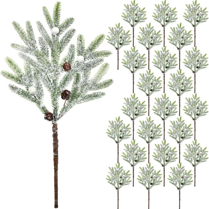 Cindeer 24 Pcs Christmas Snowy Pine Tree Pick 14'' Artificial Pinecones Spray Faux Cedar Pine Needles Branches Frosted for Holiday Floral Arrangement Wreath DIY Garland Holiday Decor Winter Greenery