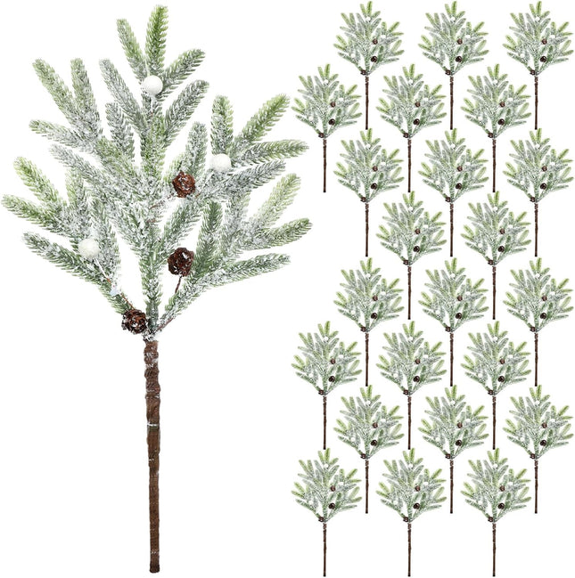 Cindeer 24 Pcs Christmas Snowy Pine Tree Pick 14'' Artificial Pinecones Spray Faux Cedar Pine Needles Branches Frosted for Holiday Floral Arrangement Wreath DIY Garland Holiday Decor Winter Greenery