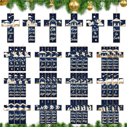 Soaoo 36 Pcs Nativity Ornaments for Christmas Tree Wooden Nativity Scene Ornaments Hanging Cross Xmas Tree Decorations Birth of Jesus Christian Decor for Tree Wreaths Xmas Winter Party