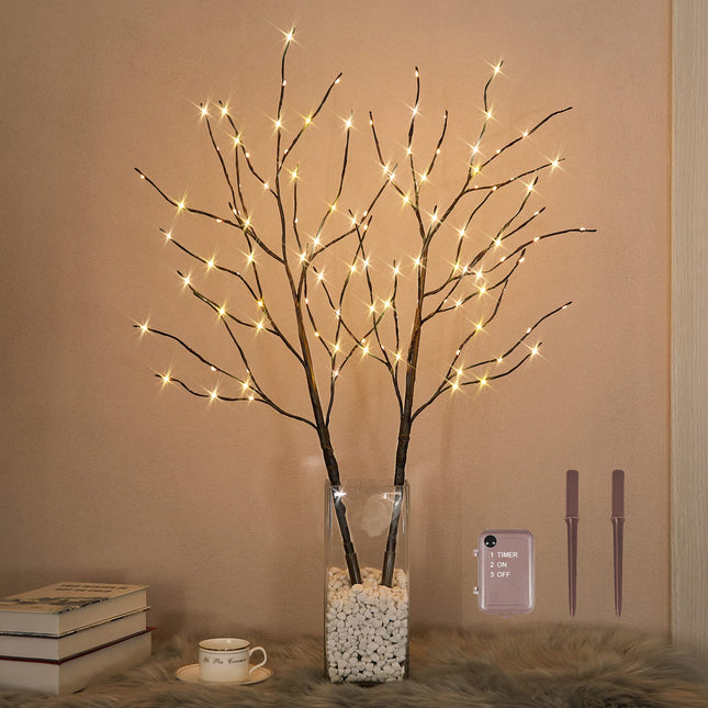 LIGHTSHARE Lighted Artificial Twig Birch Tree Branch with Mini LED Lights Battery Operated with Timer for Thanksgiving Christmas Decoration Indoor Outdoor Sticks, White (32IN, Brown)