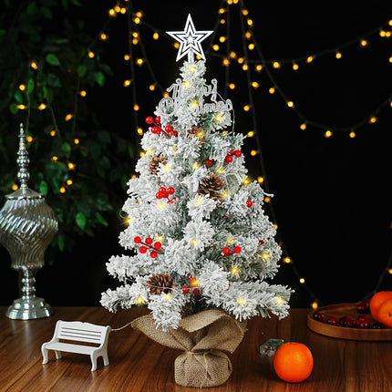 24 Inch/2 FT Mini Christmas Tree Blind Box, Small Tabletop Flocked Tree with LED Lights, Pine Cones, Star Tree Topper, Snow Flocked Artificial Pine Xmas Tree,Mini Box and Cloth Bag Base