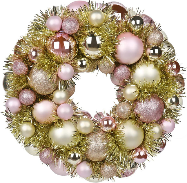 Christmas Ball Wreath 13" Xmas Wreaths Ornaments Glitter Thicken Shatterproof Garland Decoration for Door Wall Mantel Holiday Party Decor, Champagne Gold & Pink