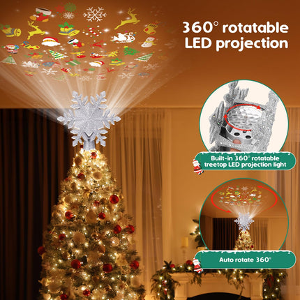 Mrrihand Christmas Tree Topper Lighted with 6 Projection Modes, Built-in 360° LED Rotating Projector Christmas Tree Star, 3D Snowflake Design for Xmas Holiday Christmas Tree Decoration-Silver