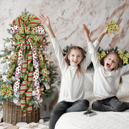 6PCS Christmas Tree Topper Wreath Bow Christmas Tree Bow Topper Large Red Green Bow and Small Wreath Bows Christmas Decorations for Tree Wrapping Wall Home Front Door Decor 45"x13"