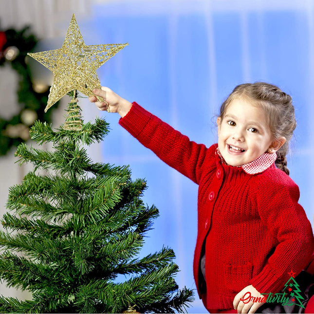 2 Pack Christmas Tree Star Topper, Gold and Silver Glittered Metal Christmas Glitter Star Ornament Treetop Decoration Fit for General Size Christmas Tree - 6 Inches