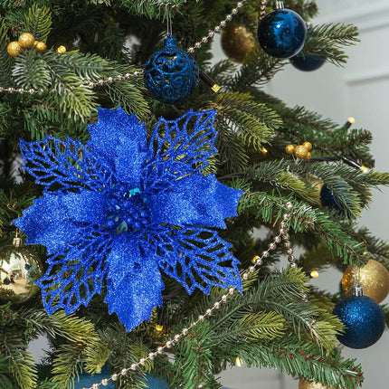24 Pcs Christmas Blue Glittered Mesh Holly Leaf Artificial Poinsettia Flowers Picks Tree Ornaments 5.9" W for Blue Christmas Tree Wreath Garland Floral Winter Wedding Holiday Decoration