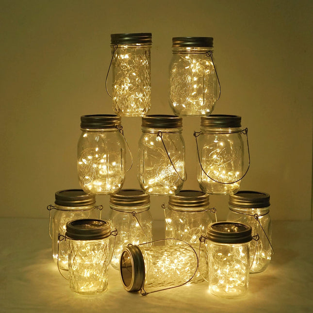 Decorman Solar Mason Jar Lights, 12 Pack 30 LED Fairy Star Firefly String Lids Lights with 12 Hangers for Patio Yard Garden Party Wedding Christmas Decoration(Jars Not Included)