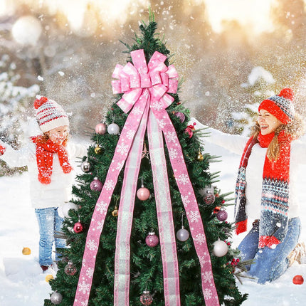 Christmas Tree Topper Christmas Wreath Bow, 52 13 inches Large Tree Toppers Bow with Snowflake Patterned for Xmas Tree Décor Christmas Home Indoor Outdoor Decoration Pink