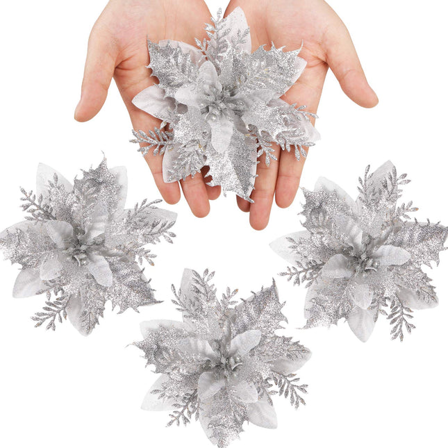 GREENTIME 12 Pcs Glitter Poinsettia 5.5" Artificial Flowers Christmas with Clips Stems Xmas Tree Ornaments for Wedding Party Wreath Decoration (Silver)
