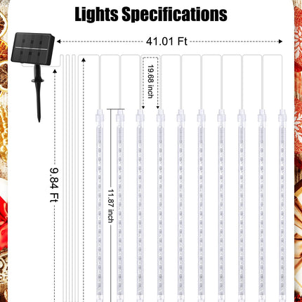 Minetom Solar Meteor Shower Icicle Lights,20 Tubes 480 LED Solar Christmas Lights Outdoor Waterproof, Cascading Lights Falling Rain Lights for Holiday Party Wedding Christmas Decorations, Pure White