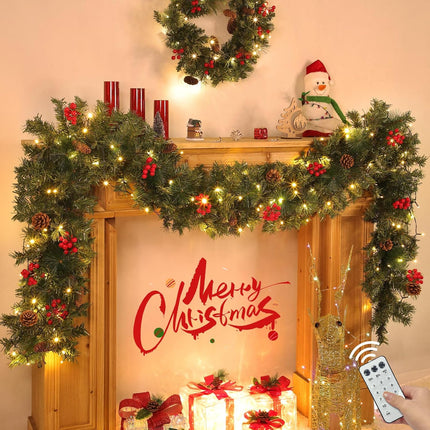 Remote Control & Timer 12 Modes 9 Ft Prelit Christmas Garland Decorations 50 Warm White & Colorful Change Lights Cedar Garland 290 Scots Smoky Pine 12 Pinecone Red Berry Mantle Fireplace Xmas Garland