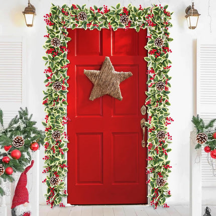Christmas Garland, 2Pcs Red Berry Garland with Pine Cones, Green Garland Christmas Decorations Indoor, Christmas Tree Garland for Mantle Holly Outdoor Home Table Year Decor