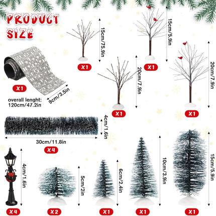 Hotop 18 Pcs Christmas Village Set Mini Snow Covered Christmas Trees Street Lights Christmas Village Accessories for Table Display Winter Decor Holiday Outdoor DIY Crafts(Joyous)