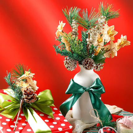 Tigeen 16 Pcs Poinsettia Christmas Flowers 13.4 Inch Artificial Christmas Tree Picks Faux Christmas Flowers Fake Pine Cone Green Leaf Berry Needle Decorative Stems for Holiday Decor DIY Wreath(Gold)