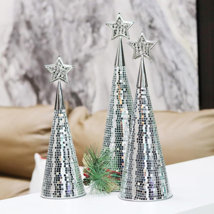 Silver Glass Christmas Trees Set of 3, 17" 15" 13" Small Tabletop Christmas Tree Handmade Disco Decor for Xmas Table Party Decoration