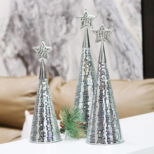 Silver Glass Christmas Trees Set of 3, 17" 15" 13" Small Tabletop Christmas Tree Handmade Disco Decor for Xmas Table Party Decoration