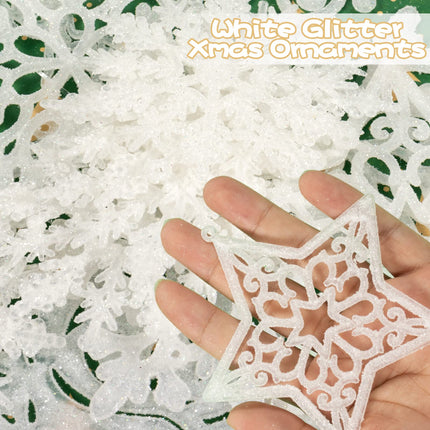 Christmas Tree Decoration Snowflake Ornaments - 42pcs White Glitter Christmas Snowflake Tree Stocking Snowman Reindeer Santa Hanging Ornaments for Xmas Winter Wonderland Holiday Year Party