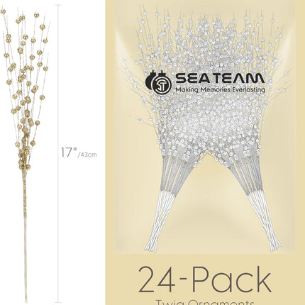Sea Team 24-Pack Artificial Glitter Berry Stem Ornaments, Decorative Bead Sticks, Glittery Twigs, Picks, Branches for Christmas Tree, Small Vase, Holiday, Wedding, Party (17 Inches, Gold)